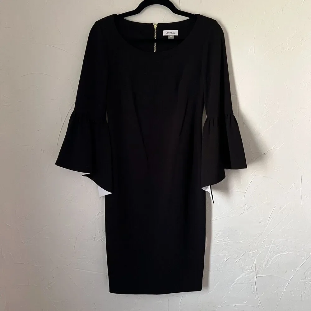 Calvin‎ Klein Black Bell Sleeve Sheath Dress Workwear Career Minimalist Size 2 - Picture 9 of 10